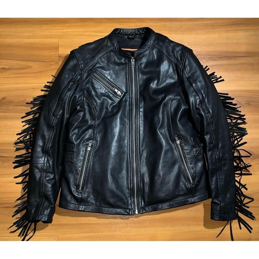 Womens Milwaukee Leather Fringed Sleeve Full Zip Black Motorcycle Jacket
